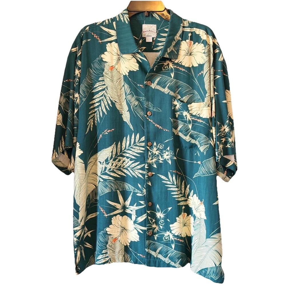 Tommy Bahama 100% Silk Hawaiian Shirt XL Teal Hibiscus Leaf Tropical Camp EUC